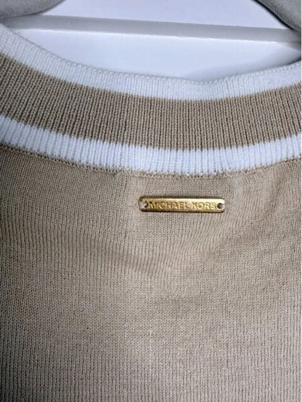 Michael Kors Women's Sweater Large Beige White Stripe V Neck Varsity Pullover